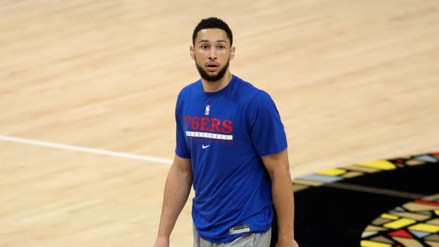 Jun 14, 2021; Atlanta, Georgia, USA; Philadelphia 76ers guard Ben Simmons (25) warms up before game four in the second round of the 2021 NBA Playoffs against the Atlanta Hawks. at State Farm Arena. Mandatory Credit: Brett Davis-USA TODAY Sports