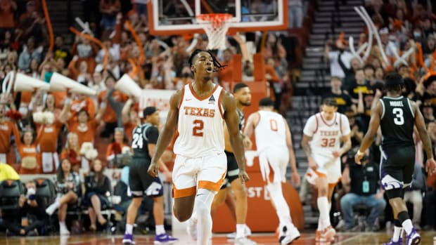 Jan 18, 2022; Austin, Texas, USA; Texas Longhorns guard Marcus Carr (2) reacts after scoring a basket during the second half against the Kansas State Wildcats at Frank C. Erwin Jr. Center. Mandatory Credit: Scott Wachter-USA TODAY Sports