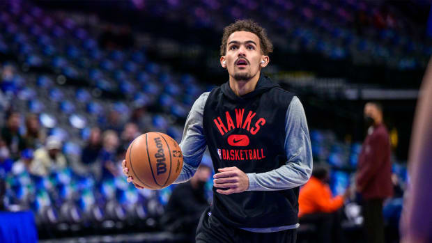 February 6, 2022;  Dallas, TX, USA;  Atlanta Hawks guard Trae Young (11) warms up before the game against the Dallas Mavericks at American Airlines Center.
