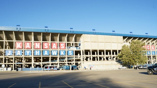 Oct 31, 2020; Lawrence, Kansas, USA; A general exterior view of the stadium before the game between the Kansas Jayhawks and Iowa State Cyclones at David Booth Kansas Memorial Stadium. Mandatory Credit: Denny Medley-USA TODAY Sports