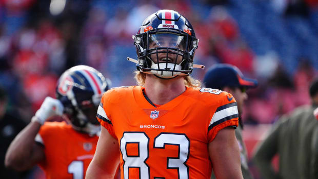 Denver Broncos tight end Andrew Beck (83) prior to the game against the Philadelphia Eagles at Empower Field at Mile High.
