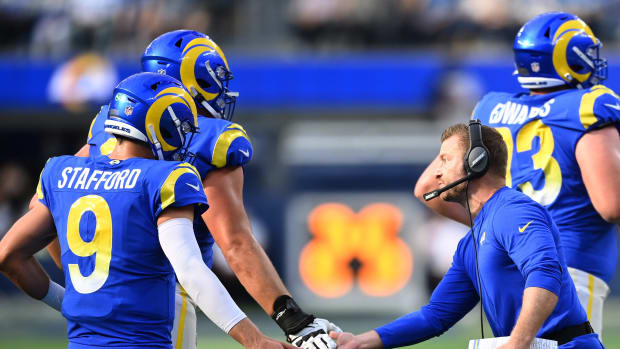 Oct 24, 2021; Inglewood, California, USA; Los Angeles Rams head coach Sean McVay congratulates Los Angeles Rams quarterback Matthew Stafford (9) after a touchdown in the second half of the game against the Detroit Lions at SoFi Stadium. Mandatory Credit: Jayne Kamin-Oncea-USA TODAY Sports