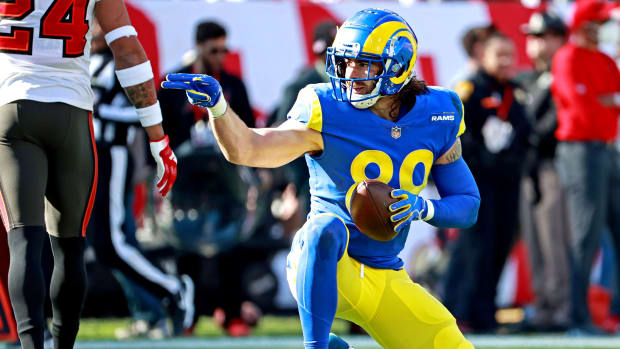 Jan 23, 2022; Tampa, Florida, USA; Los Angeles Rams tight end Tyler Higbee (89) reacts after a catch during the first quarter against the Tampa Bay Buccaneers in a NFC Divisional playoff football game at Raymond James Stadium.