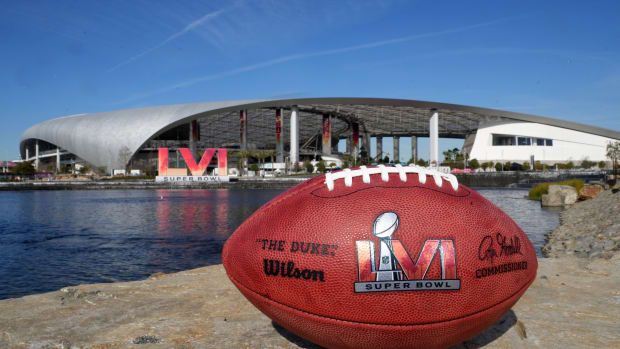 Feb 8, 2022; Inglewood, CA, USA; An NFL official Wilson Duke football with the Super Bowl LVI logo is seen at SoFi Stadium.