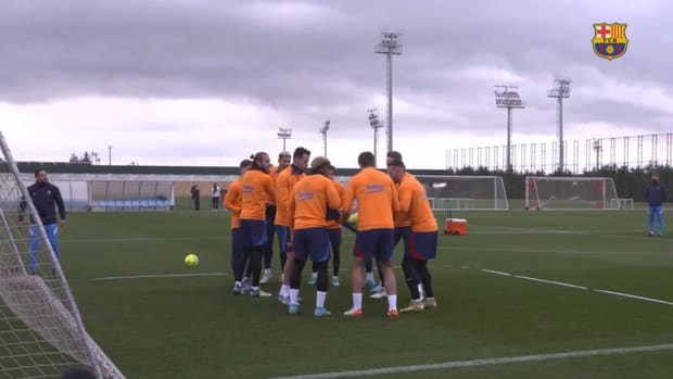 FC Barcelona players have fun in training before city derby