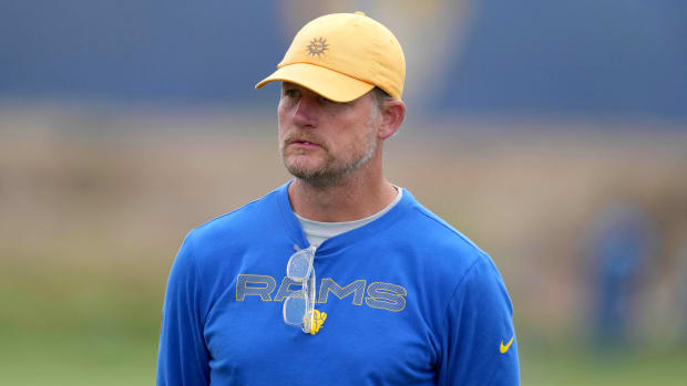 Aug 18, 2021; Thousand Oaks, CA, USA; Los Angeles Rams general manager Les Snead reacts during a joint practice against the Las Vegas Raiders. Mandatory Credit: Kirby Lee-USA TODAY Sports