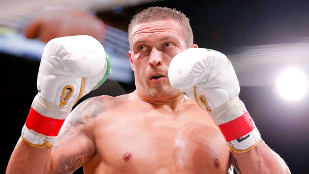 Oleksandr Usyk (white trunks) during his match against Chazz Witherspoon (not pictured) during a heavyweight boxing match at Wintrust Arena.