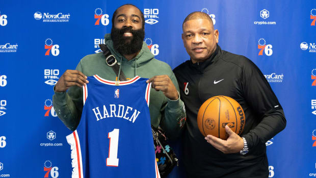 James Harden poses with Doc Rivers