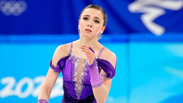 Kamila Valieva (ROC) in the women s figure skating short program during the Beijing 2022 Olympic Winter Games at Capital Indoor Stadium.
