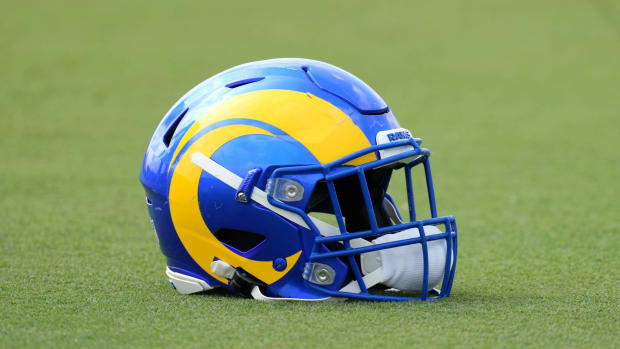 Aug 19, 2021; Thousand Oaks, CA, USA; A detailed view of a Los Angeles Rams helmet during a joint practice against the Las Vegas Raiders. Mandatory Credit: Kirby Lee-USA TODAY Sports