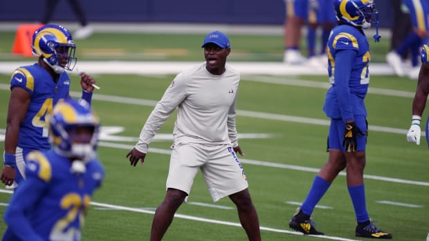 Aug 22, 2020; Inglewood California, USA; Los Angeles Rams safety coach Ejiro Evero during a scrimmage at SoFi Stadium. Mandatory Credit: Kirby Lee-USA TODAY Sports
