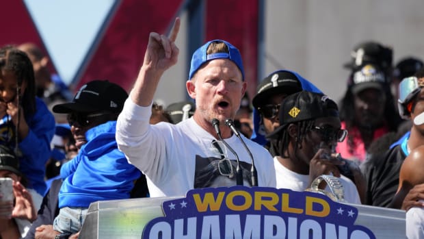 Feb 16, 2022; Los Angeles, CA, USA; Los Angeles Rams general manager Les Snead speaks during Super Bowl LVI championship rally at the Los Angeles Memorial Coliseum. Mandatory Credit: Kirby Lee-USA TODAY Sports