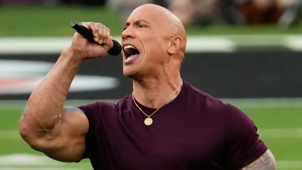 Dwayne “The Rock” Johnson introduces Super Bowl LVI at SoFi Stadium in Los Angeles.