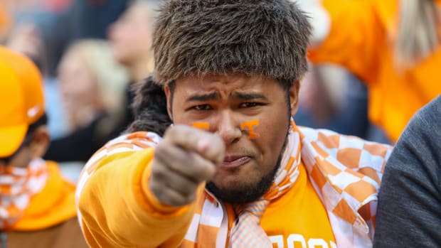 A Tennessee Volunteer fan reacts to a play against the Florida Gators during the first half at Neyland Stadium.