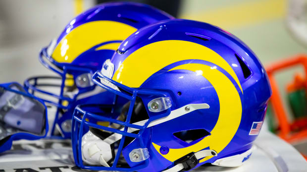 Dec 13, 2021; Glendale, Arizona, USA; Detailed view of Los Angeles Rams helmet on sidelines against the Arizona Cardinals at State Farm Stadium. Mandatory Credit: Mark J. Rebilas-USA TODAY Sports