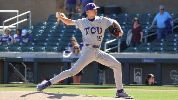 Riley Cornelio pitched 5 1/3 innings in the Frogs' loss to Cal on Day Two of the 2022 MLB4 tournament.