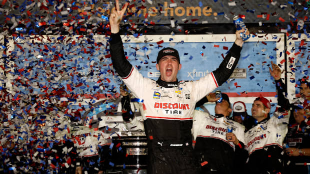 Austin Cindric celebrates in victory lane after winning the 64th Daytona 500 last year at Daytona International Speedway. But he's really struggled for high finishes, let alone chances to win this season.(Photo by Chris Graythen/Getty Images)