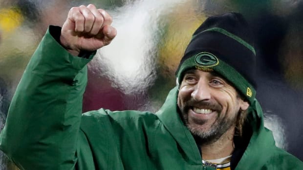 Green Bay Packers quarterback Aaron Rodgers (12) following the Packers' victory over the Chicago Bears during their football game.