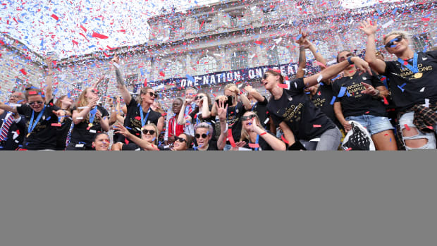 The United States women's national soccer team celebrates at City Hall after the ticker-tape parade for the United States women's national soccer team down the canyon of heroes in New York City.