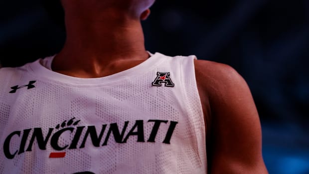 Dec 3, 2019; Cincinnati, OH, USA; A view of the American Athletic Conference logo on a Cincinnati Bearcats jersey prior to the game against the Vermont Catamounts at Fifth Third Arena. Mandatory Credit: Aaron Doster-USA TODAY Sports