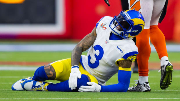 Feb 13, 2022; Inglewood, CA, USA; Los Angeles Rams wide receiver Odell Beckham Jr. (3) reacts after suffering an injury against the Cincinnati Bengals during Super Bowl LVI at SoFi Stadium. Mandatory Credit: Mark J. Rebilas-USA TODAY Sports