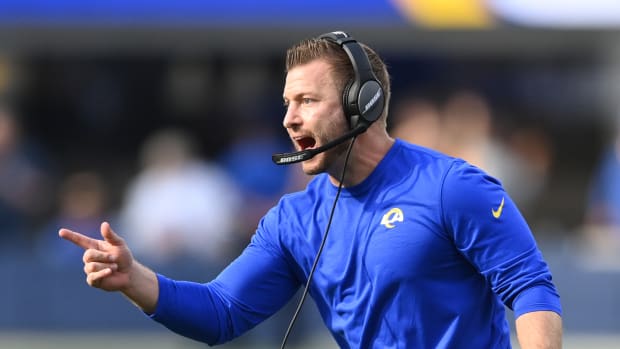 Oct 24, 2021; Inglewood, California, USA; Los Angeles Rams head coach Sean McVay reacts after a touchdown in the second half against the Detroit Lions at SoFi Stadium. Mandatory Credit: Jayne Kamin-Oncea-USA TODAY Sports