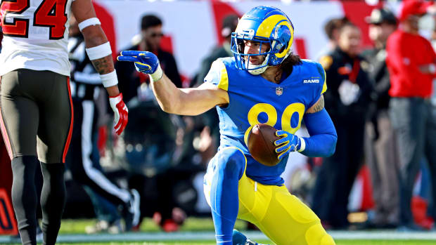 Jan 23, 2022; Tampa, Florida, USA; Los Angeles Rams tight end Tyler Higbee (89) reacts after a catch during the first quarter against the Tampa Bay Buccaneers in a NFC Divisional playoff football game at Raymond James Stadium. Mandatory Credit: Matt Pendleton-USA TODAY Sports