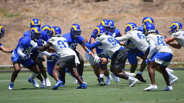 Jun 8, 2021; Thousand Oaks, CA, USA; Los Angeles Rams players practice during mini camp held at the practice faciiity at Cal State Lutheran. Mandatory Credit: Jayne Kamin-Oncea-USA TODAY Sports