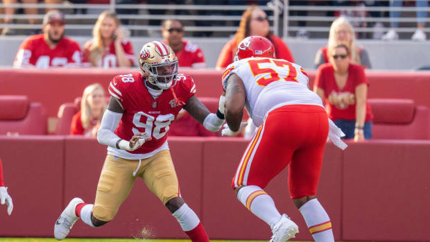 San Francisco 49ers defensive end Arden Key rushes off the edge