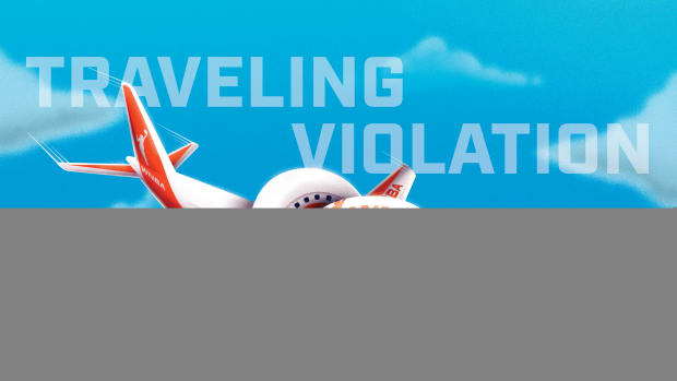 The words "traveling violation" above an airplane with a WNBA logo twisted in a knot