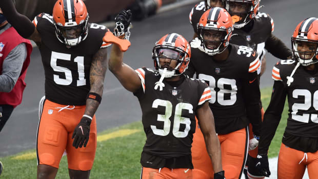 Jan 3, 2021; Cleveland, Ohio, USA; Cleveland Browns cornerback M.J. Stewart (36) celebrates an interception during the second half against the Pittsburgh Steelers at FirstEnergy Stadium. Mandatory Credit: Ken Blaze-USA TODAY Sports