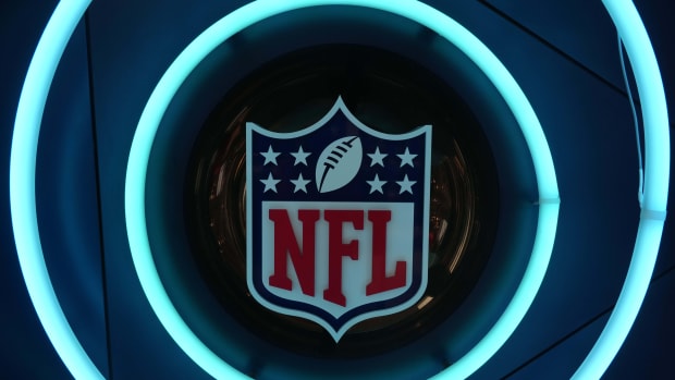Oct 12, 2021; London, United Kingdom; A detailed view of NFL shield logo is seen at Tottenham Hotspur Stadium.