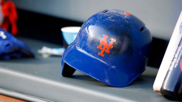 May 2, 2017; Atlanta, GA, USA; General view of New York Mets helmet in the dugout before a game against the Atlanta Braves at SunTrust Park.