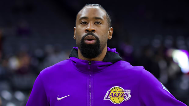 Los Angeles Lakers center DeAndre Jordan looks on before a game against the Sacramento Kings.
