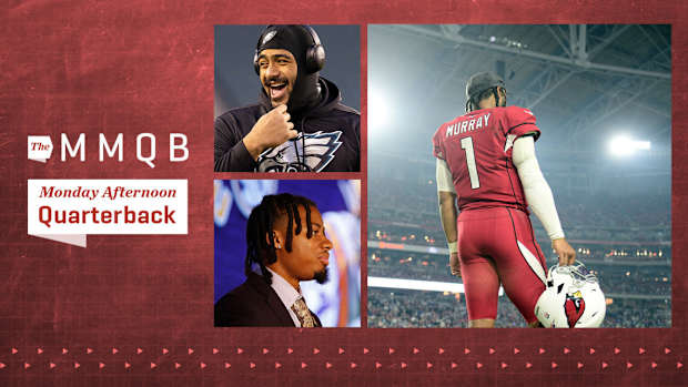 Arizona Cardinals quarterback Kyler Murray (1) looks on against the Indianapolis Colts); Philadelphia Eagles offensive tackle Jordan Mailata laughs before the game against the Washington Football Team; LSU defensive back Derek Stingley Jr. speaks to the media during SEC Media Days
