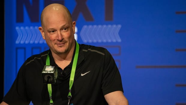 Denver Broncos head coach Nathaniel Hackett talks to the media during the 2022 NFL Combine.
