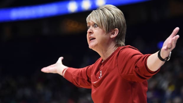 Alabama basketball coach Kristy Curry questions a call during the SEC Women's Basketball Tournament game against Auburn in Nashville, Tenn. on Wednesday, March 2, 2022.