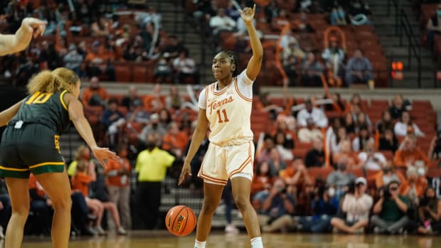 Feb 6, 2022; Austin, Texas, USA; Texas Longhorns guard Joanne Allen-Taylor (11) calls a play against the Baylor Lady Bears during the first half at Frank C. Erwin Jr. Center. Mandatory Credit: Chris Jones-USA TODAY Sports