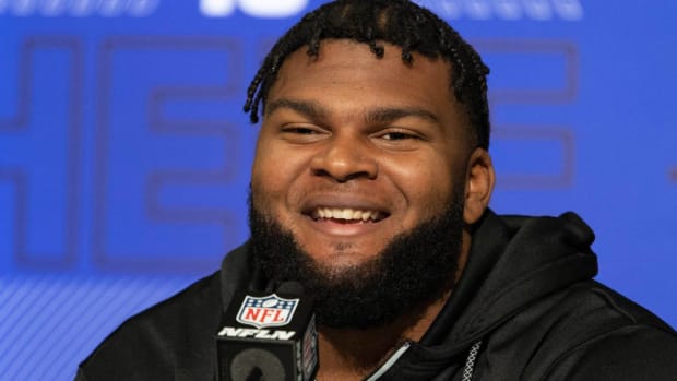 Mar 3, 2022; Indianapolis, IN, USA; Georgia offensive lineman Jamaree Salyer talks to the media during the 2022 NFL Scouting Combine.