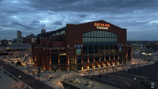 Mar 2, 2022; Indianapolis, IN, USA; A general overall aerial view of Lucas Oil Stadium, the home of the Indianapolis Colts and the site of the 2022 NFL Scouring Combine.