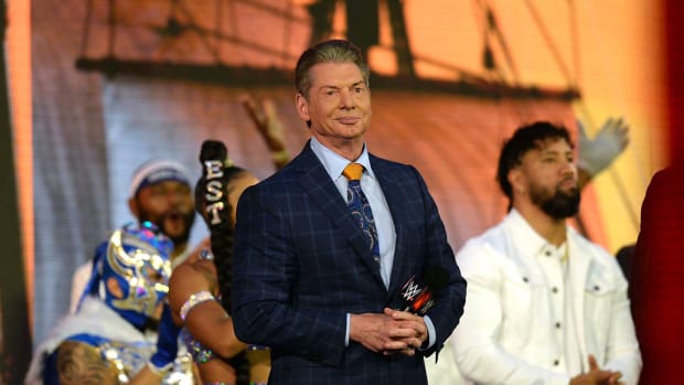 CEO of WWE Vince McMahon addresses fans during WrestleMania 37 at Raymond James Stadium.
