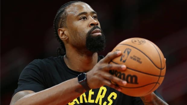 Dec 28, 2021; Houston, Texas, USA; Los Angeles Lakers center DeAndre Jordan (10) warms up before the game against the Houston Rockets at Toyota Center.
