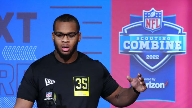 Alabama Crimson Tide offensive lineman Evan Neal during the NFL Scouting Combine at the Indiana Convention Center.