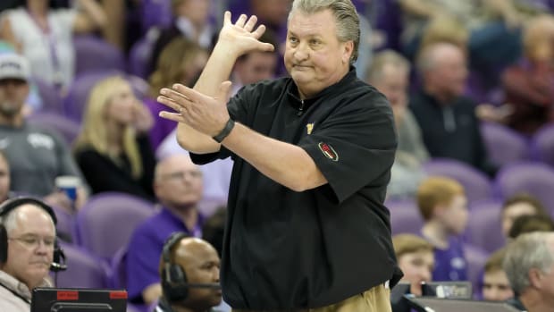 Jan 22, 2018; Fort Worth, TX, USA; West Virginia Mountaineers head coach Bob Huggins gestures during the second half against the TCU Horned Frogs at Ed and Rae Schollmaier Arena.
