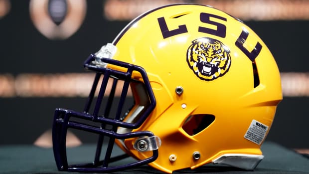 An LSU Tigers helmet on display before the head coaches press conference for the CFP.