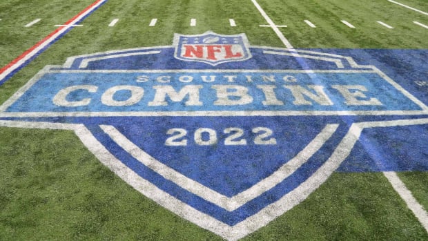 Mar 3, 2022; Indianapolis, IN, USA;General view of the NFL Scouting Combine logo on the field during the 2022 NFL Scouting Combine at Lucas Oil Stadium.