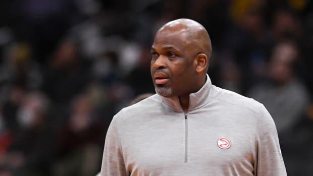 Mar 4, 2022; Washington, District of Columbia, USA; Atlanta Hawks head coach Nate McMillan during the first half against the Washington Wizards at Capital One Arena.