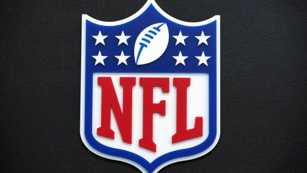 Feb 14, 2022; Los Angeles, CA, USA; The NFL shield logo is seen at the Los Angeles Convention Center.