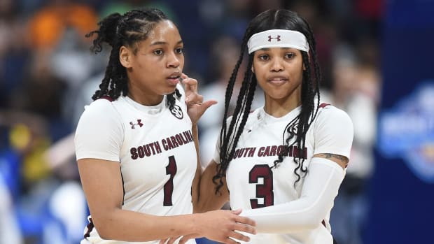South Carolina guards Zia Cooke (1) and Destanni Henderson (3) encouraging each other during the SEC women’s basketball championship.