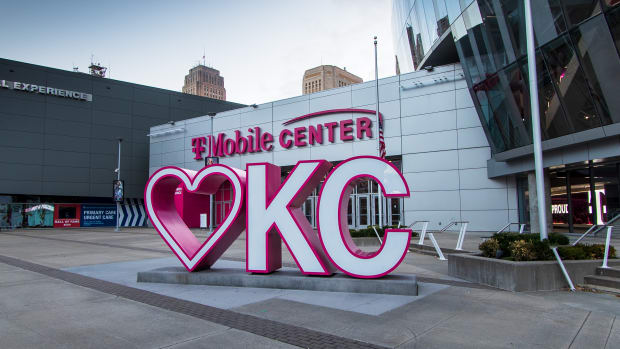 Oct 20, 2021; Kansas City, MO, USA; Kansas City logo at the entrance to the T-Mobile Center. Mandatory Credit: William Purnell-USA TODAY Sports